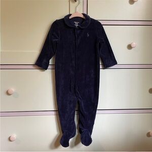 NWT Ralph Lauren Navy Blue Velour Footie / Onsie with navy horse and collar
